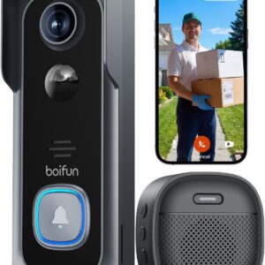 BOIFUN Video Doorbell Camera Wireless – No Subscription Required, 2K HD, 166° Wide View, HDR Night Vision, Motion Alerts, Two‑Way Audio & Battery Video Doorbell with Chime, 2.4 GHz Wi‑Fi Only