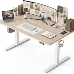 Grandder 63x32 Large Electric Standing Desk, Height Adjustable Computer Desk with 2 Memory Presets, 31.5" Deep Desktop Sit Stand Desk Home Office Desk Workstation Table with Hooks, Light Walnut